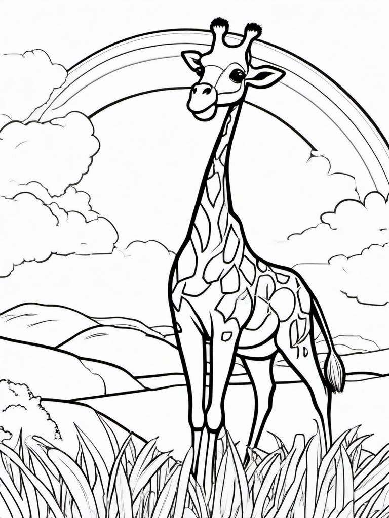 Giraffe Coloring Pages - Giraffe looking curiously at a rainbow  simple coloring pages