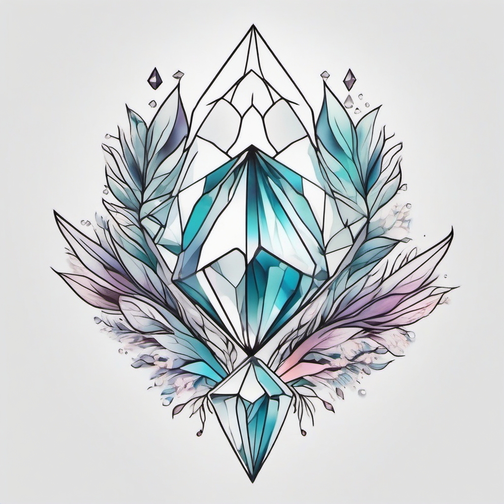 Crystal Tattoo-Crystal cluster tattoo with delicate and intricate details. Colored tattoo designs, minimalist, white background.  color tattoo style, minimalist, white background