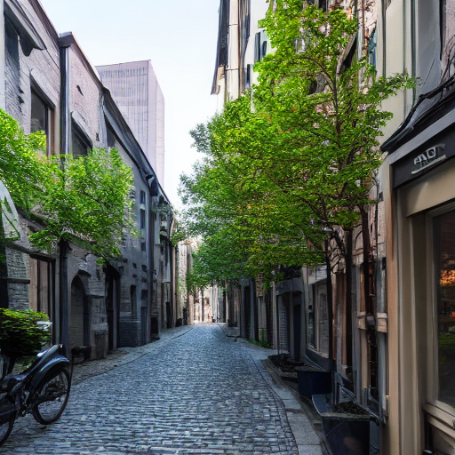 shot from narrow cobblestone alley with buildings on left and right side with many storeys and dense detailed glass windows and balconies modern cyberpunk 8k ultra realistic 