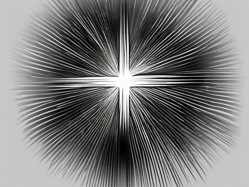 drawing of a cross with rays of light  minimal rough sketch scribbles,doodles,black and white