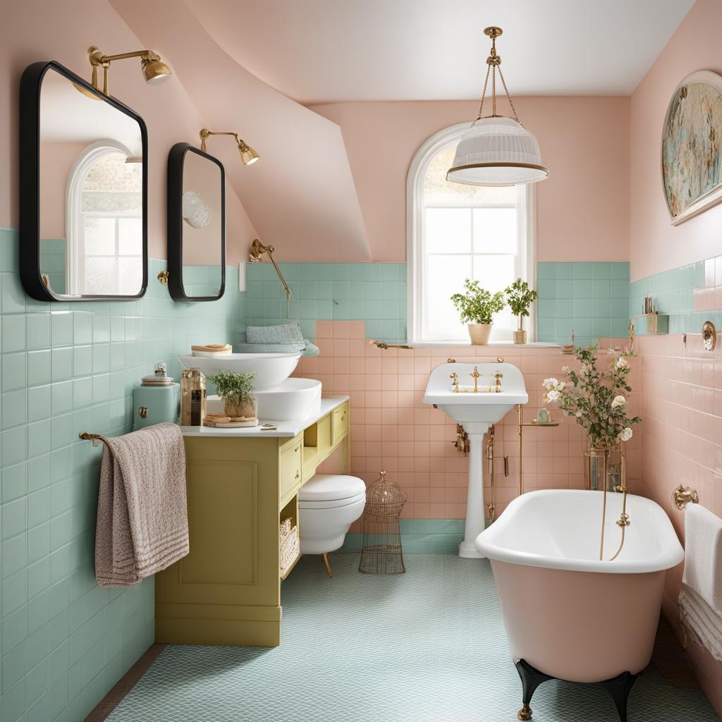 retro-inspired bathroom with pastel tiles and vintage fixtures. 