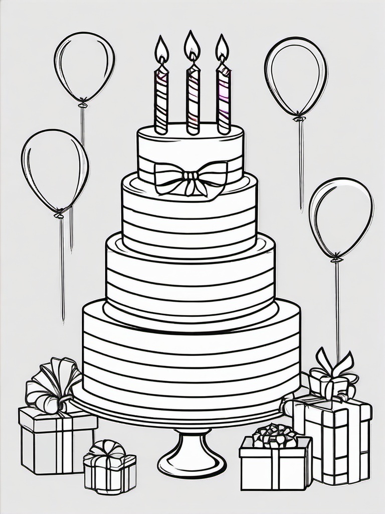 Birthday Cake and Gifts Coloring Pages - Delicious Cake Surrounded by Presents  minimal black outline printable sheet, coloring page