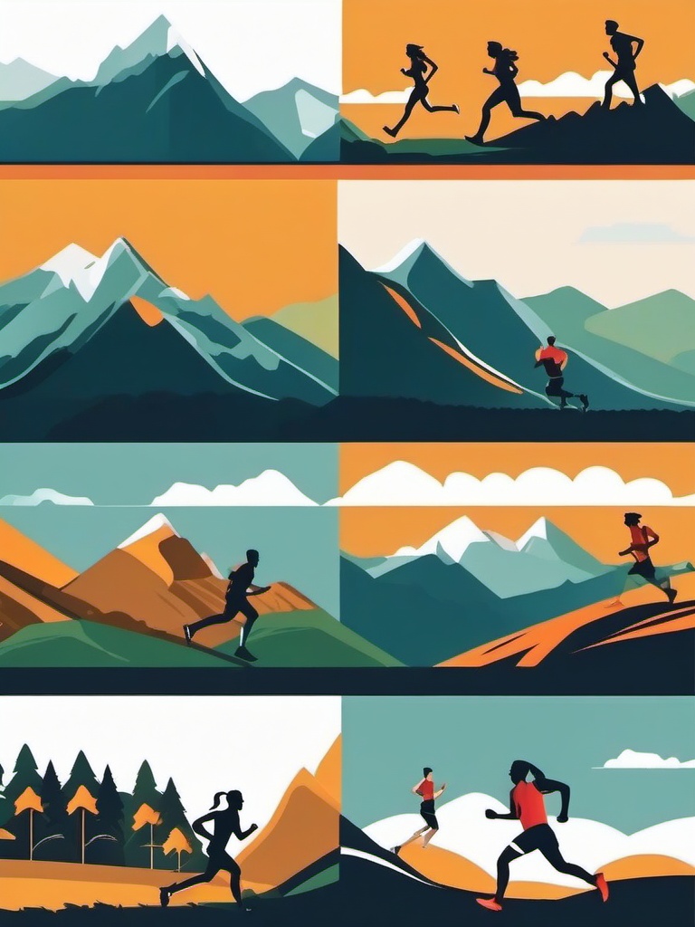 Mountain Trail Running Clipart - Trail runners conquering mountainous terrain.  color vector clipart, minimal style