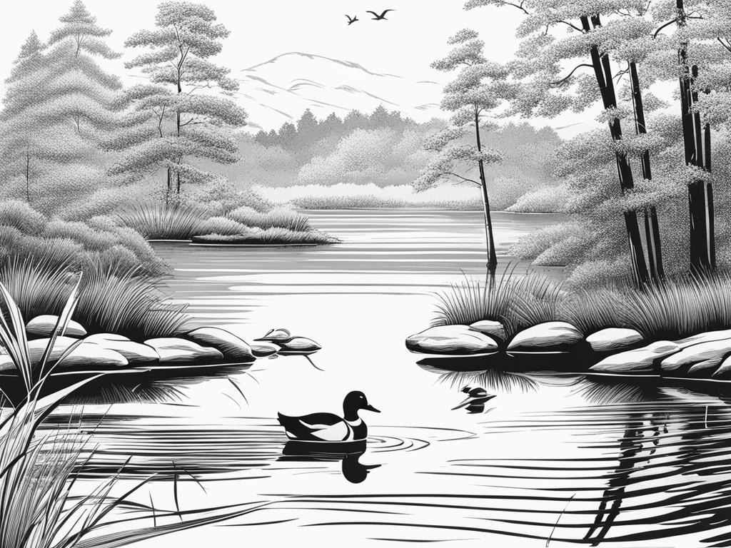 duck clipart black and white - gliding on a tranquil pond. 