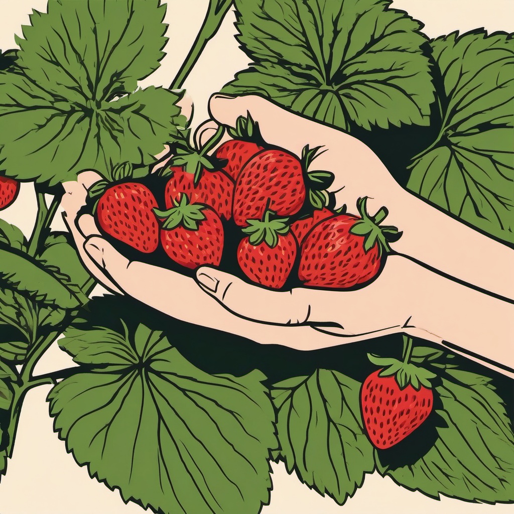 Strawberry Picking Clipart - Hand picking ripe strawberries from the plant.  color vector clipart, minimal style