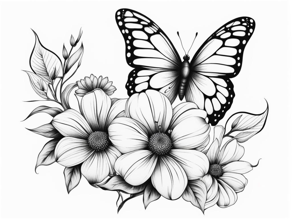 Butterfly and flower tattoo,Creating a harmonious blend of nature-themed tattoos. tattoo design, white background