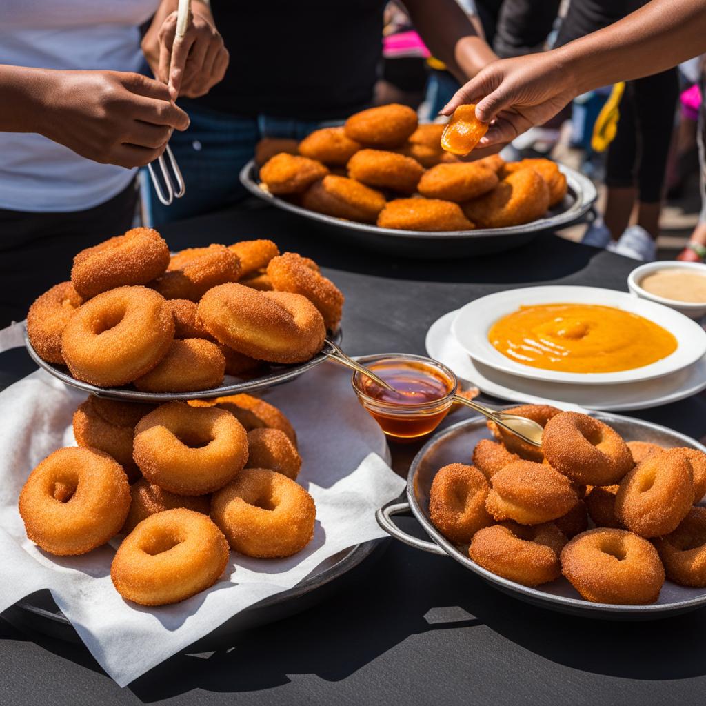 picarones at a street festival - enjoying golden picarones, sweet potato doughnuts served with syrup, at a vibrant street festival. 