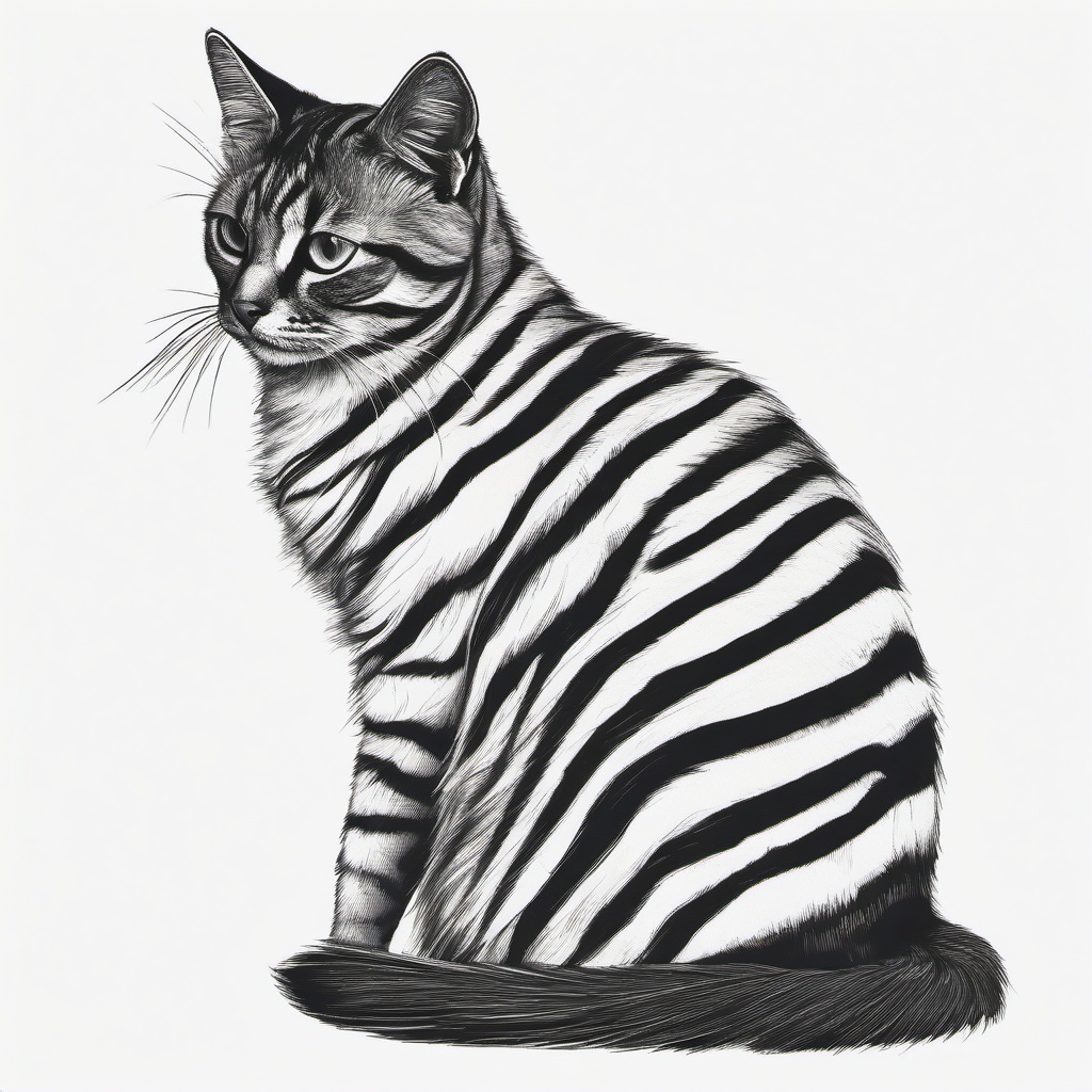 drawing of a cat with stripes sitting in the sun  minimal rough sketch scribbles,doodles,black and white