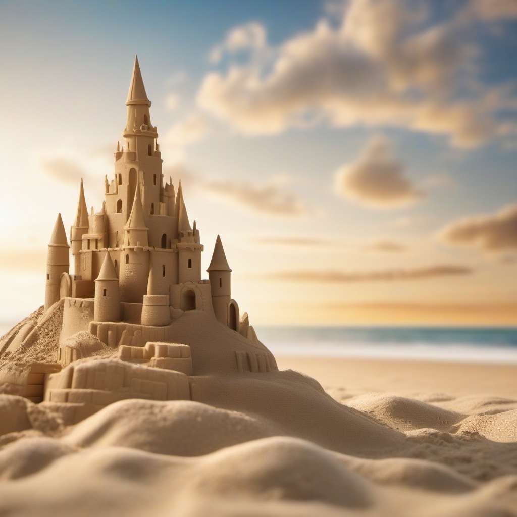 Beachside sandcastle building lessons close shot perspective view, photo realistic background, hyper detail, high resolution