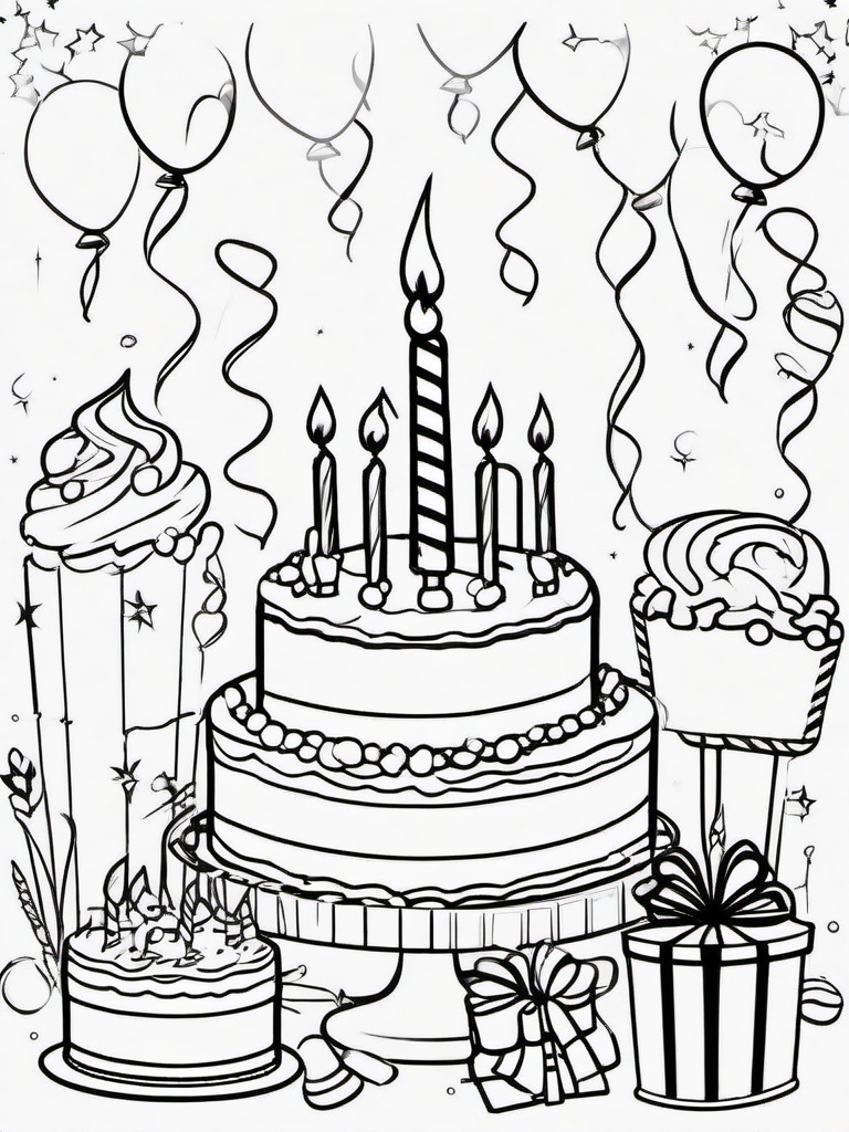 Happy Birthday Coloring Pages - Fun Birthday Celebration Scene  minimal black outline printable sheet, coloring page