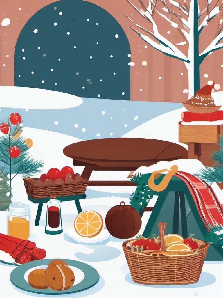 Winter Picnic clipart - A picnic on a snowy field, ,vector color clipart,minimal