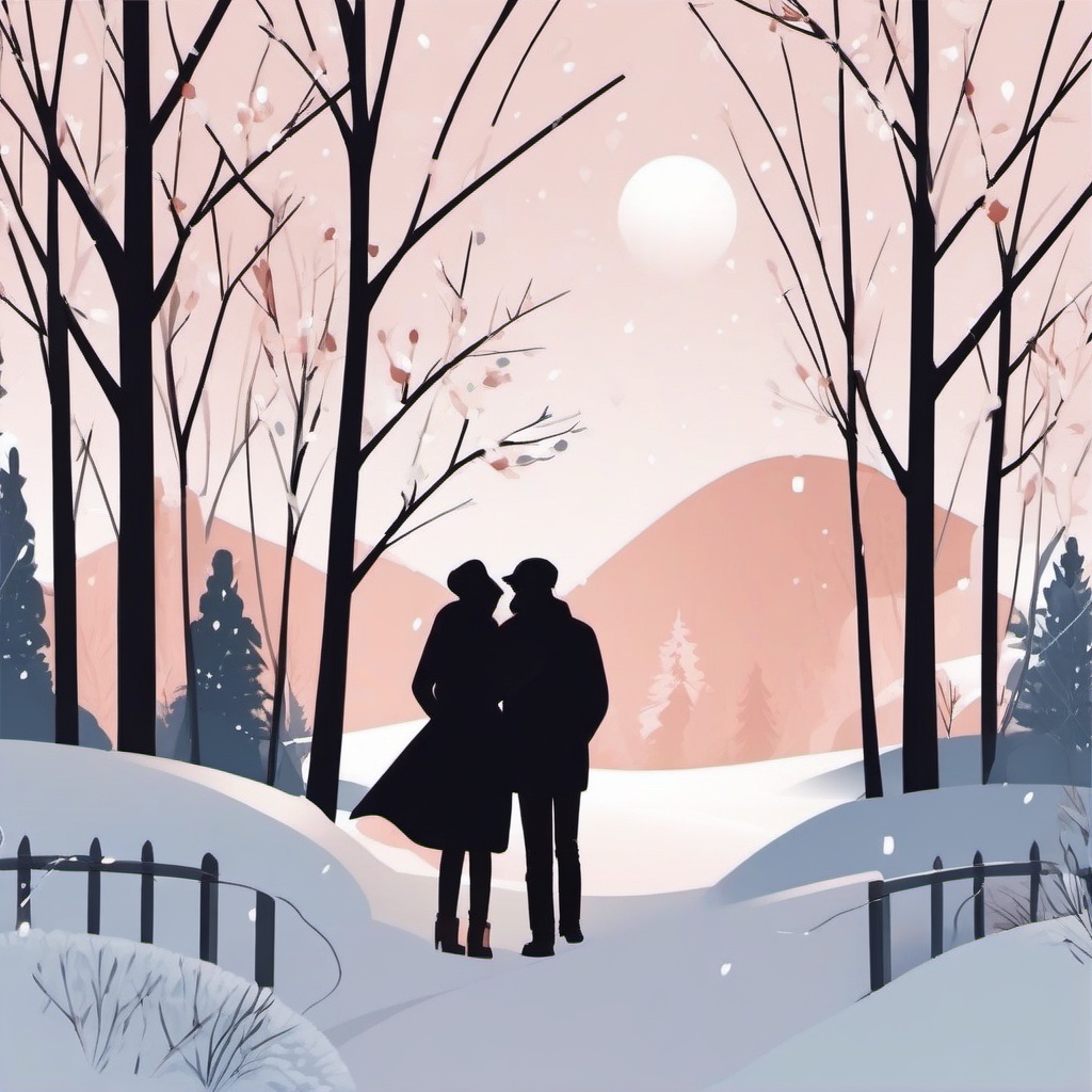 Winter Love clipart - Couple in a romantic winter setting, ,vector color clipart,minimal