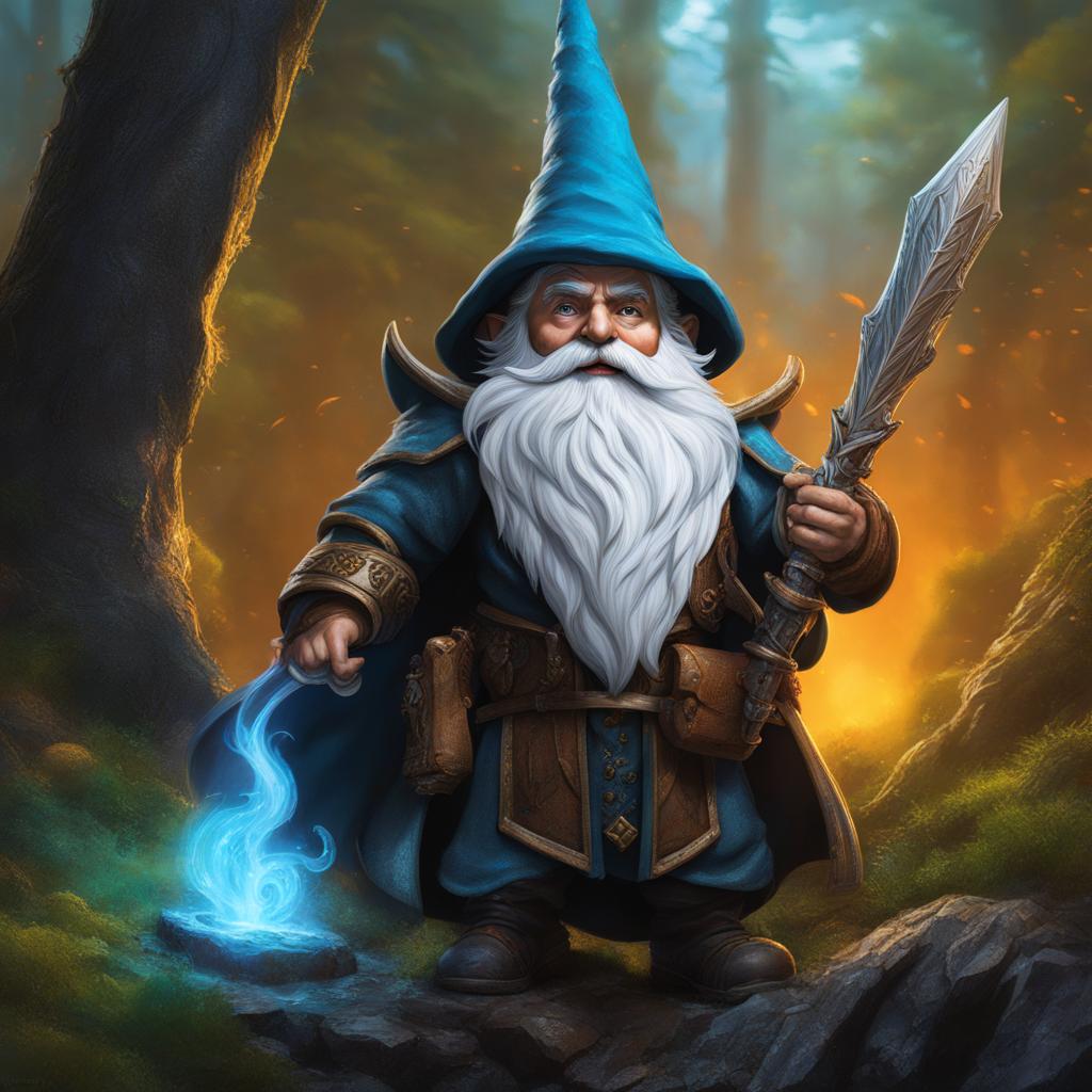 gnome wizard,finwick cogspinner,conjouring a magical storm,protecting their forest home hyperrealistic, intricately detailed, color depth,splash art, concept art, mid shot, sharp focus, dramatic, 2/3 face angle, side light, colorful background