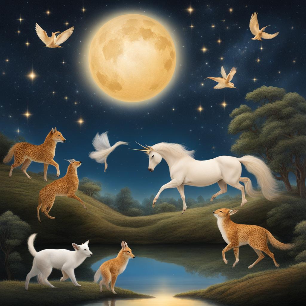 compose a celestial ballet with a group of celestial animals dancing among the stars. 