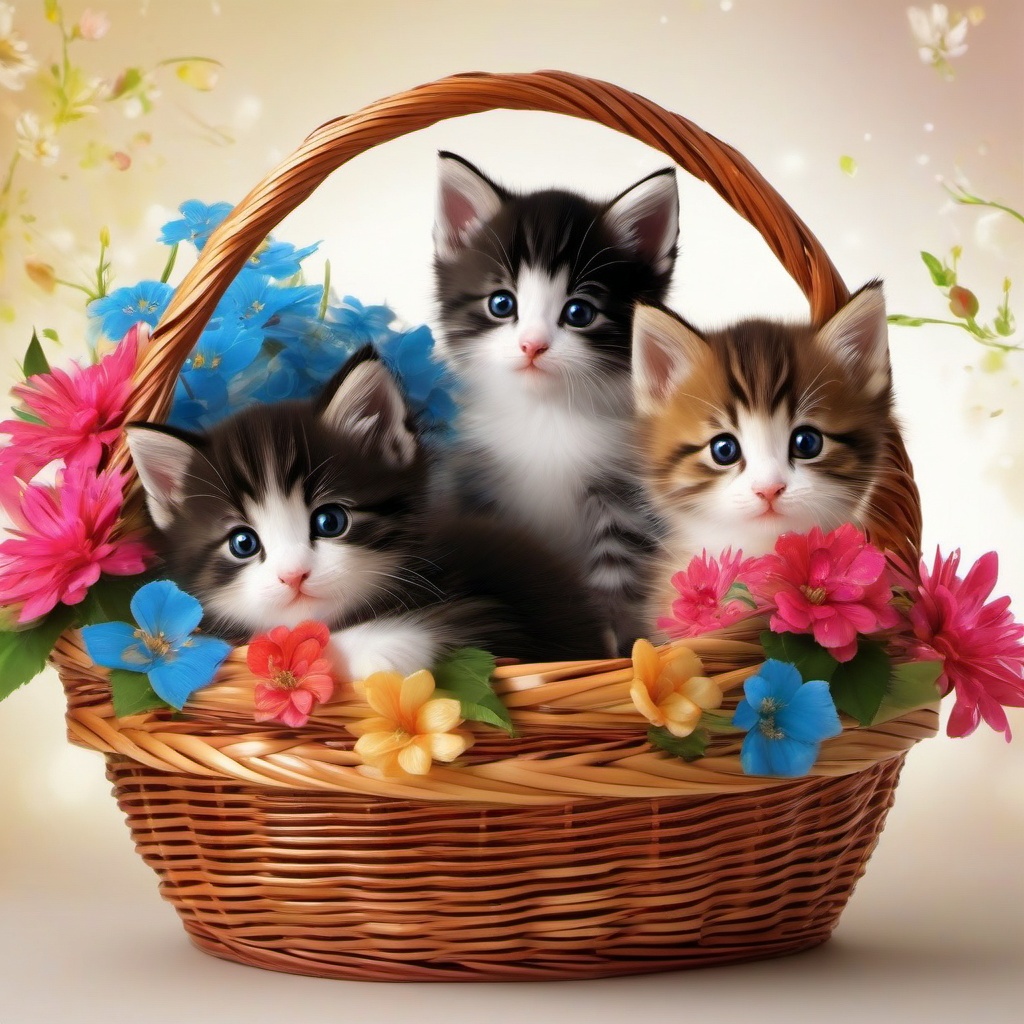 Cute Wallpapers - Adorable Kittens in a Basket wallpaper splash art, vibrant colors, intricate patterns