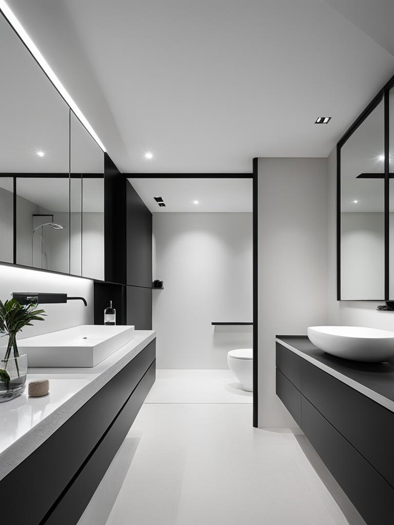 minimalist bathroom with clean lines and a monochromatic color scheme. 