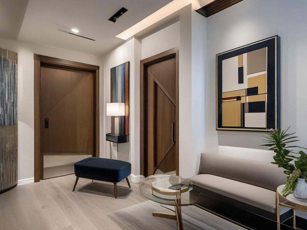 The foyer features Bauhaus interior design with sleek furnishings, modern artwork, and an uncluttered entry that invites guests into a stylish home.  