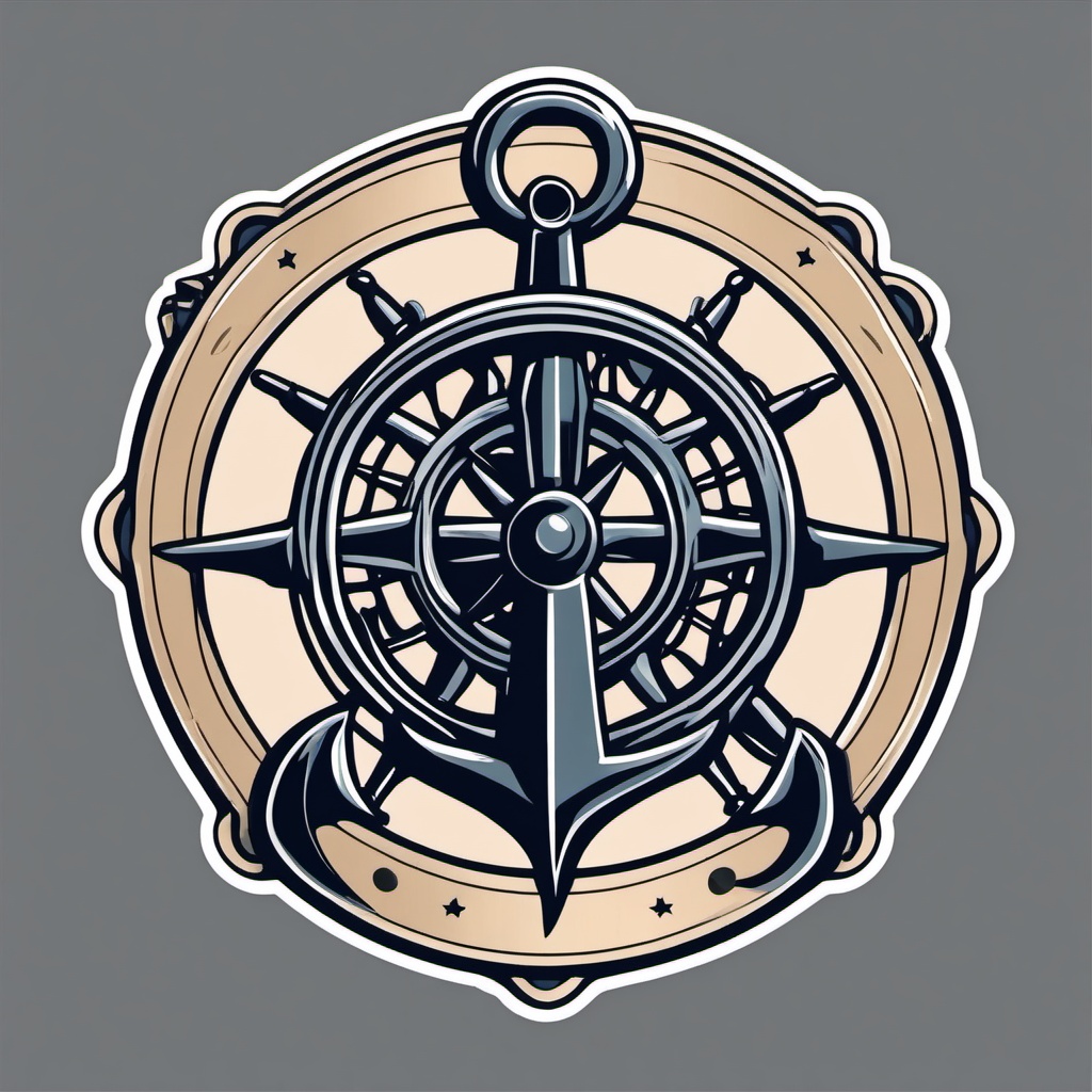 Anchor and Wheel Sticker - Nautical anchor with a ship's wheel, ,vector color sticker art,minimal