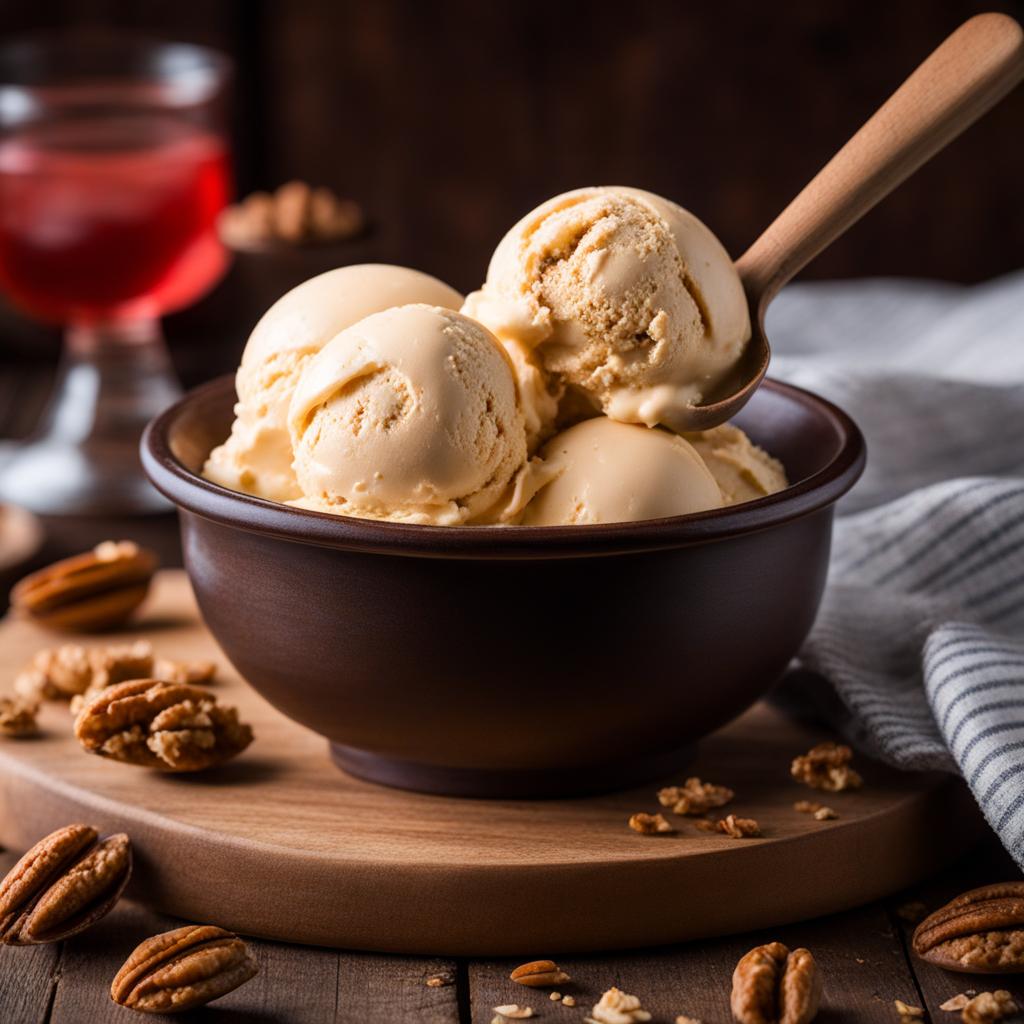 maple walnut praline ice cream enjoyed at a rustic farmhouse with a red barn. 