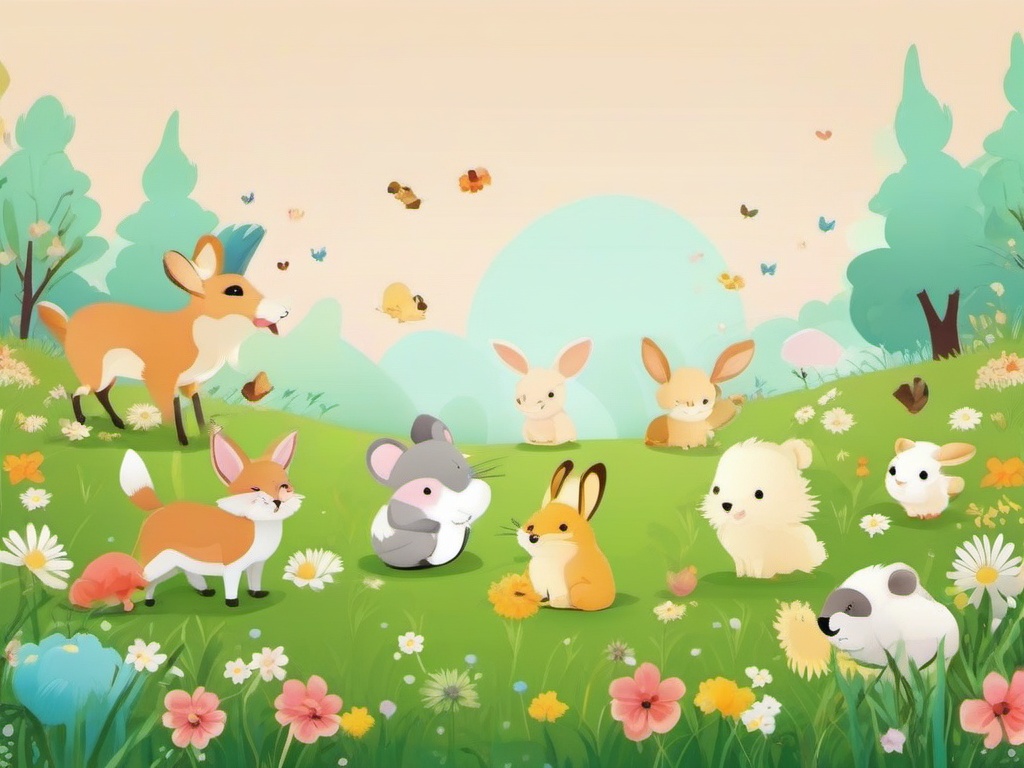 Cute Wallpapers for Computer - Cute Animals in a Meadow  wallpaper style, intricate details, patterns, splash art, light colors