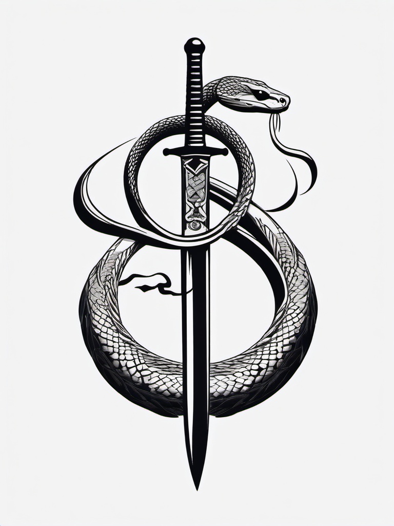 Snake on Sword Tattoo - Tattoo featuring a snake coiled around a sword.  simple vector tattoo,minimalist,white background