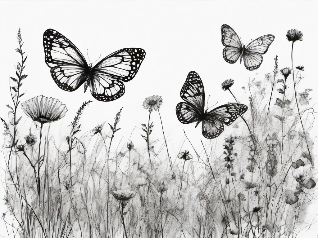 drawing of butterflies and flowers in a meadow  minimal rough sketch scribbles,doodles,black and white