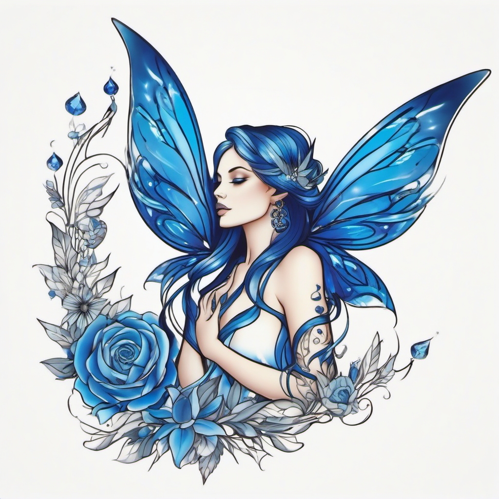 Fairy Tattoo: Sapphire Sky Whisperer  simple color tattoo style,white background