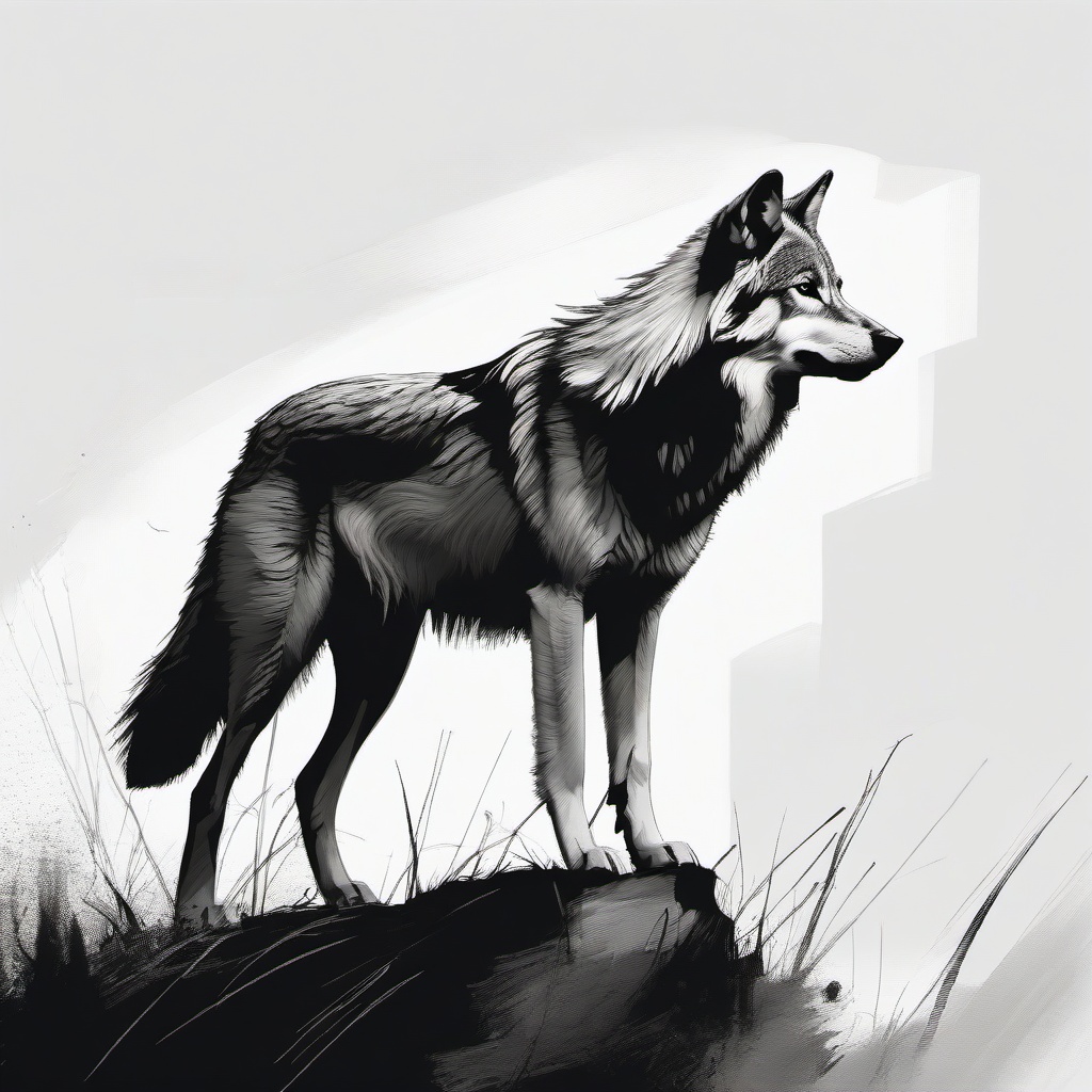 drawing of a wolf in savanna  minimal rough sketch scribbles,doodles,black and white