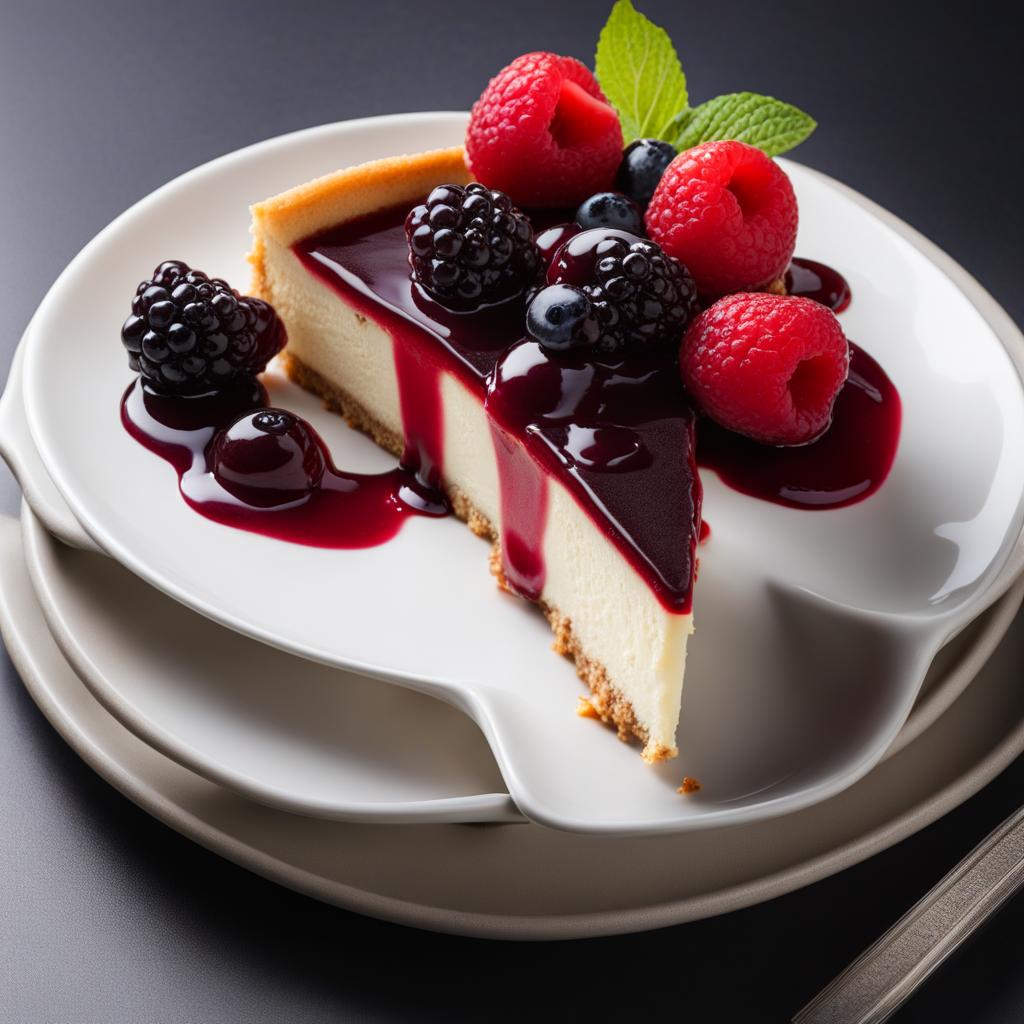 classic cheesecake with a berry compote, savored at a trendy café with live jazz music. 