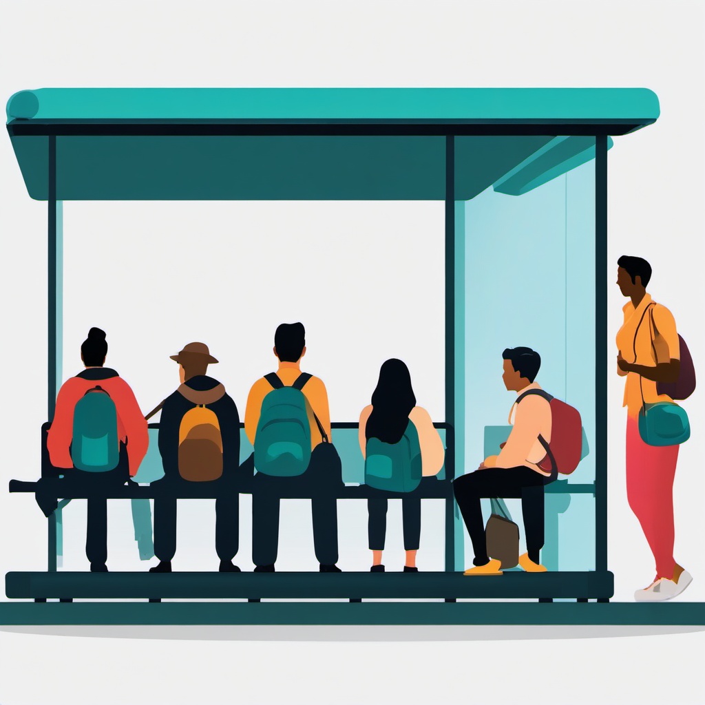 Bus clipart - bus stop with passengers waiting  color,minimalist,vector clipart