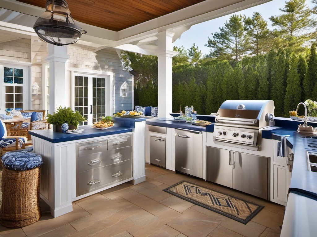 Nautical outdoor kitchen showcases blue and white decor, seashell accents, and weather-resistant materials that evoke a breezy seaside atmosphere.  