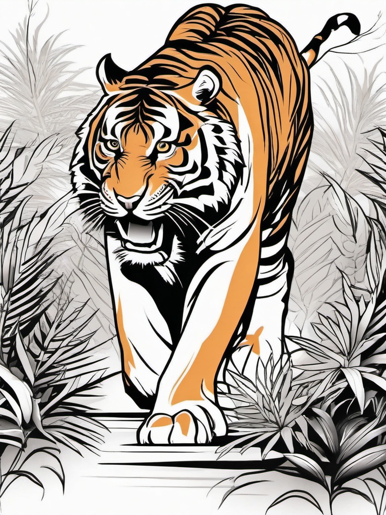 Tiger Tattoo - Ferocious tiger prowling through the jungle, a symbol of power  few color tattoo design, simple line art, design clean white background