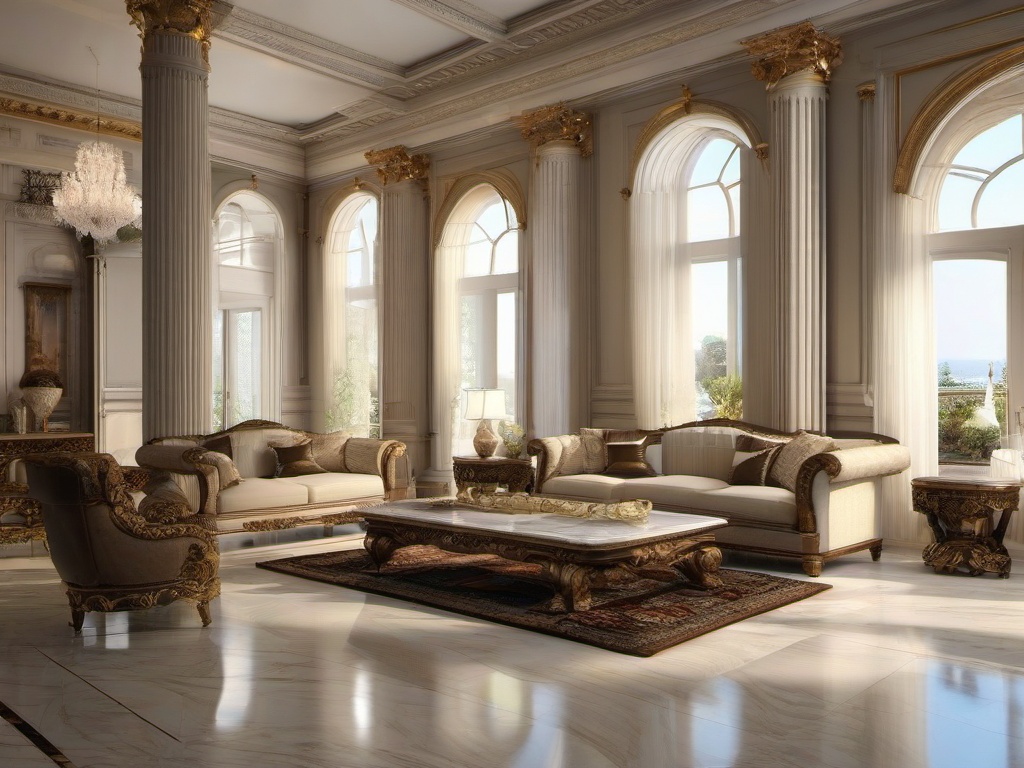 Neoclassical living room with marble floors, Corinthian columns, and ornate furniture reflects the grandeur of classical design.  