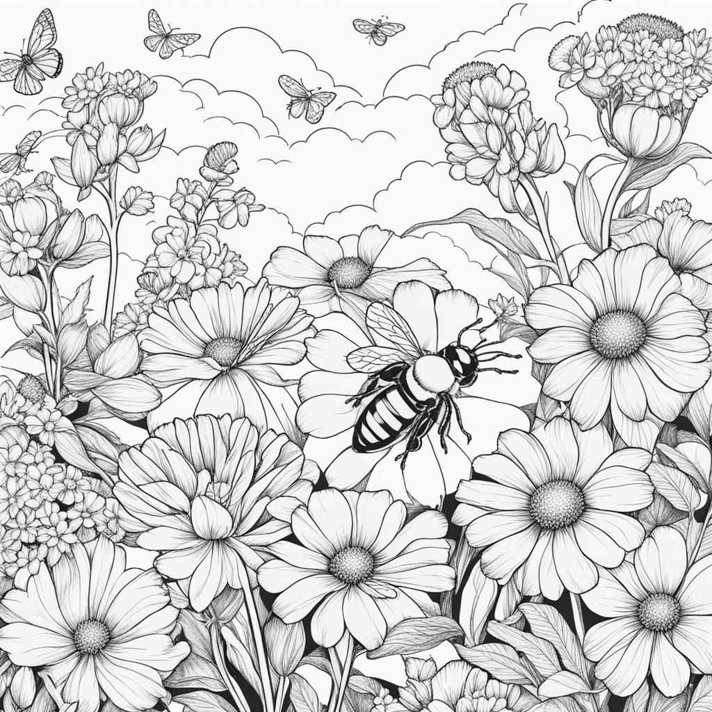 flower coloring pages - bees buzz among vibrant flowers in a sun-kissed garden. 