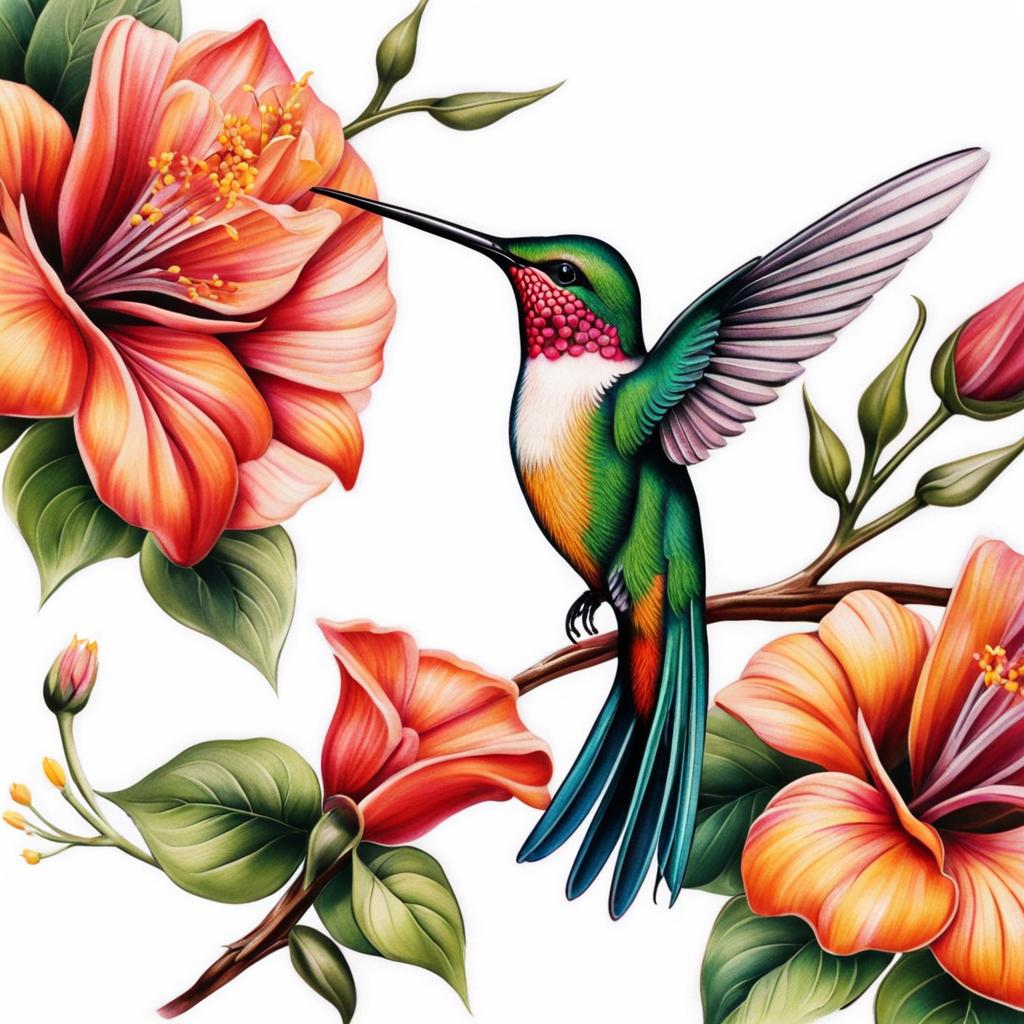 Hummingbird and flower tattoo, Creative tattoos that combine the grace of hummingbirds with the elegance of flowers.  vivid colors, white background, tattoo design