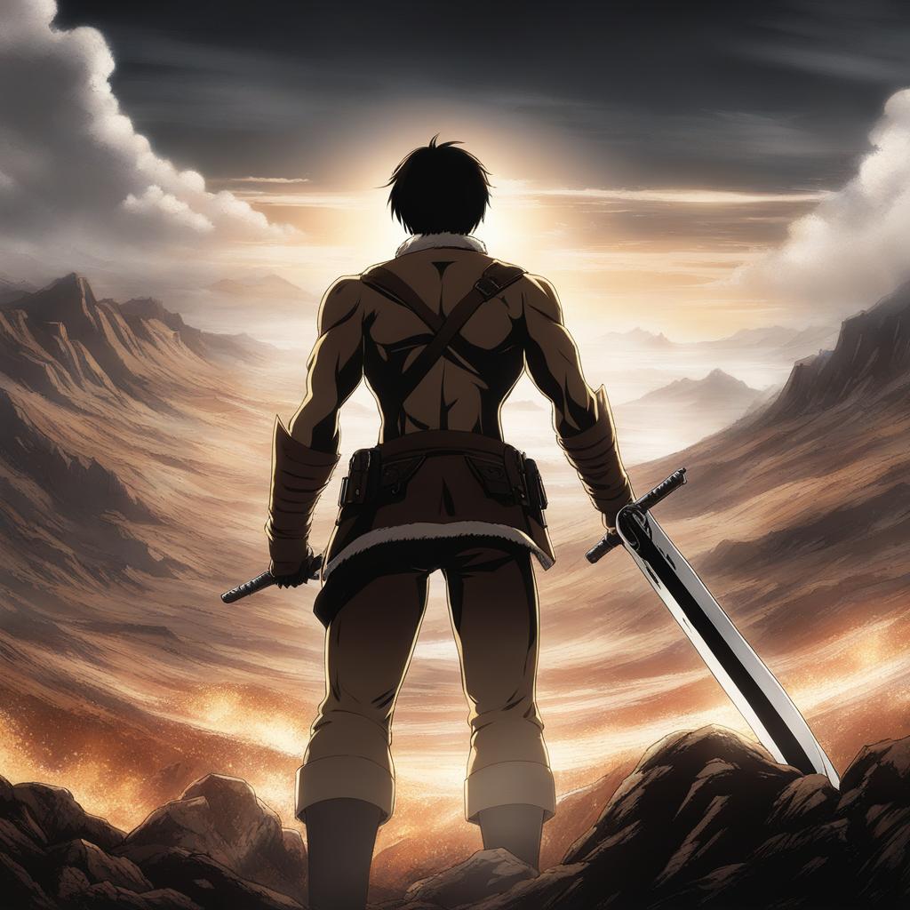 eren jaeger transforms into a titan, clashing with colossal adversaries in a desolate landscape. 