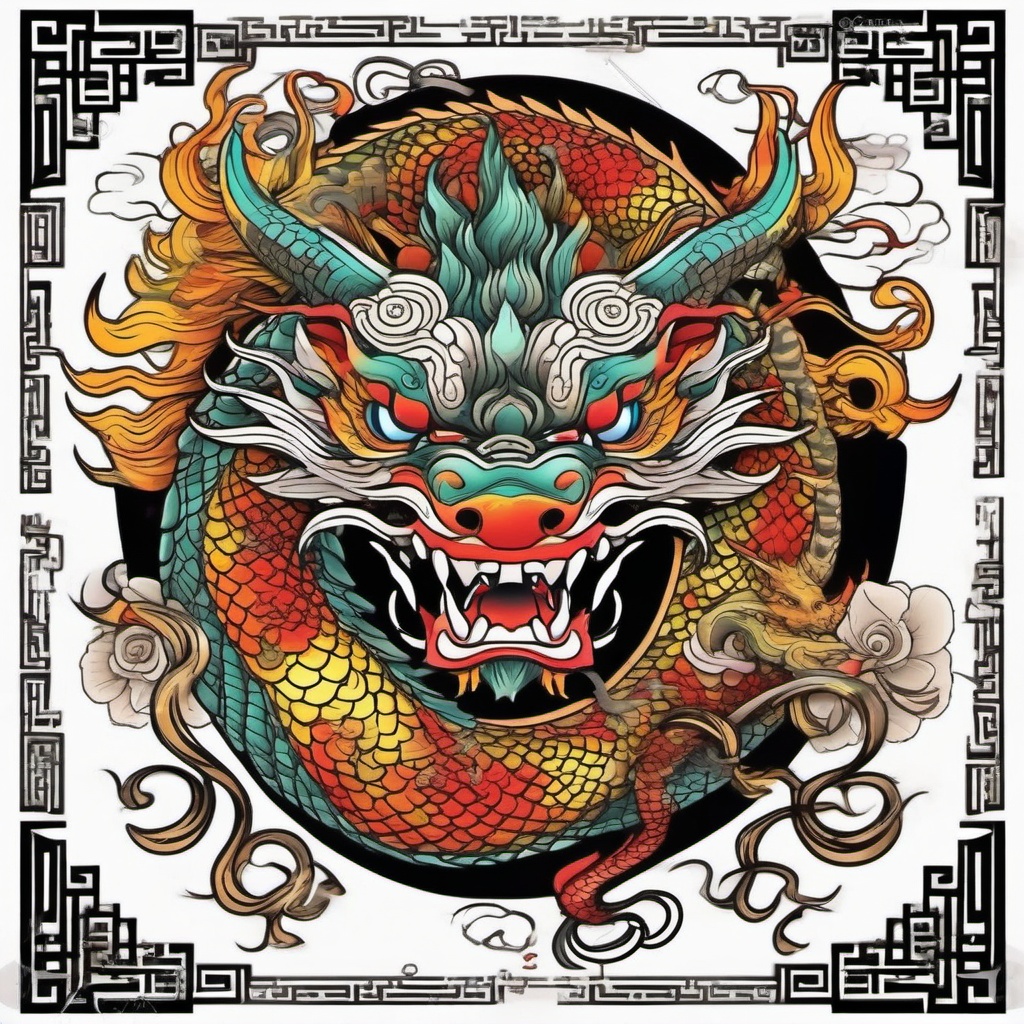 chinese style dragon full color on top with ram face horoscope style down the dragon on black and withe.  ,tattoo design, white background