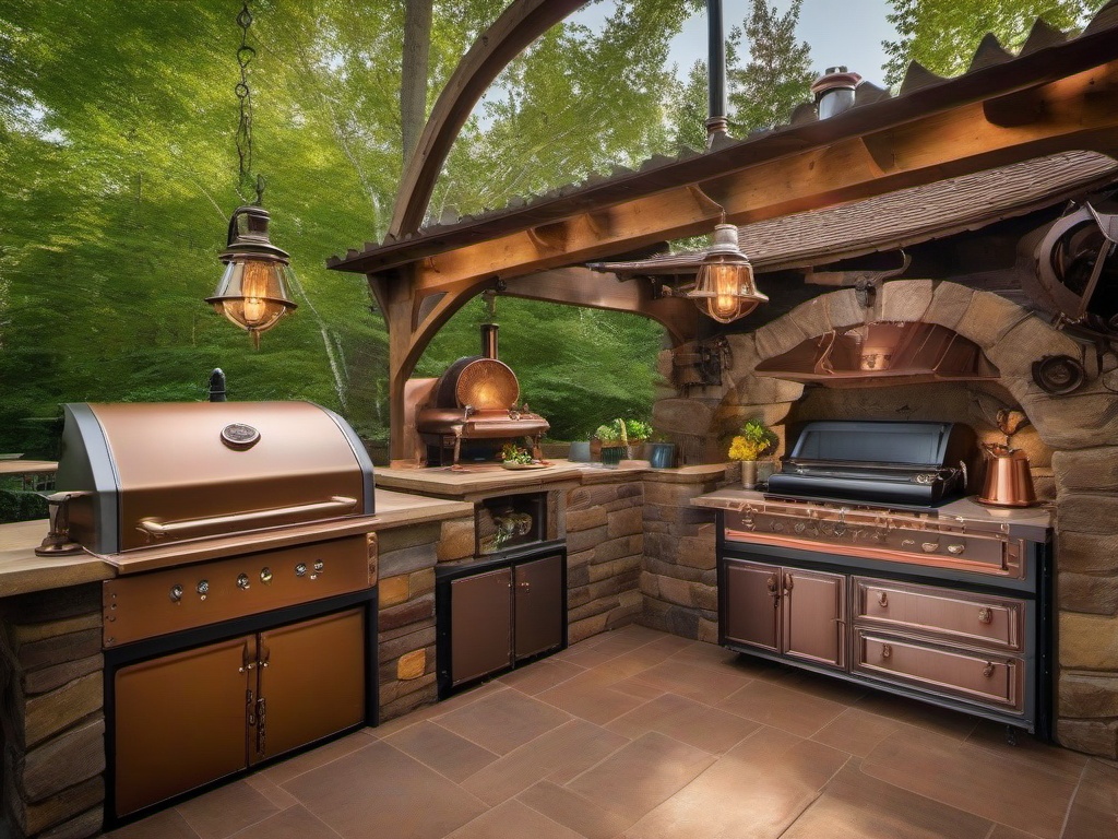 In the outdoor kitchen, steampunk interior design showcases vintage appliances, rustic accents, and eclectic decor that enhance cooking and entertaining experiences in a unique setting.  