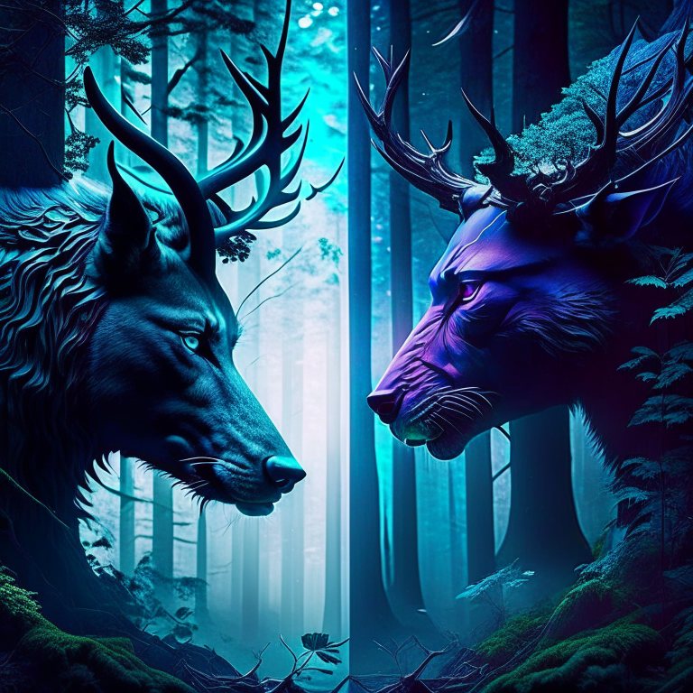 shapeshifter vs skinwalker - shape-shifting entities challenge each other in a shadowy forest, identities constantly in flux. 