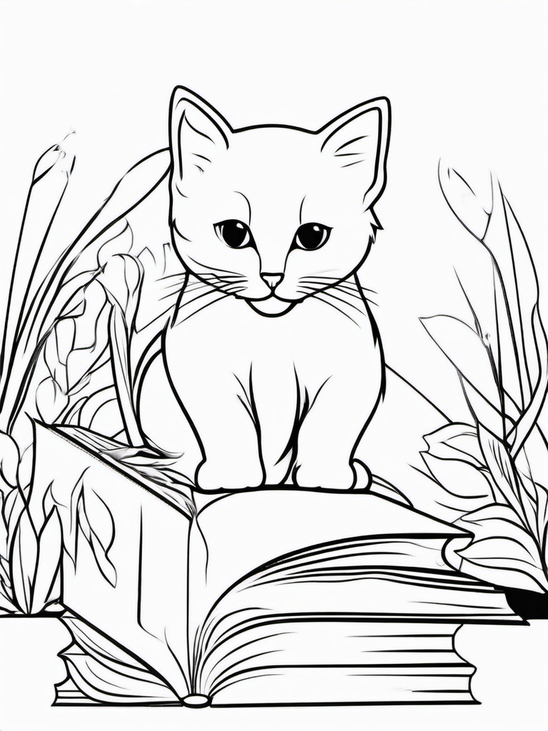 Kitty with a Book Coloring Pages - Smart Kitten Reading a Book  minimal black outline printable sheet, coloring page