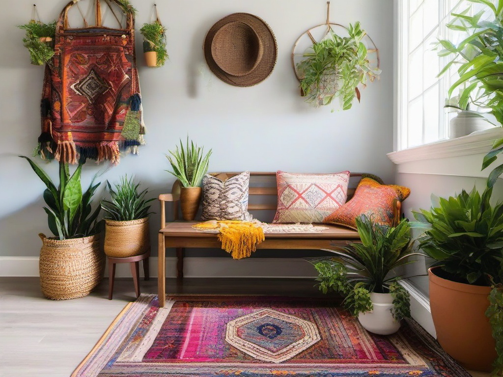 Bohemian entryway is adorned with colorful rugs, eclectic decor, and plants, creating a lively and personalized space for welcoming guests.  