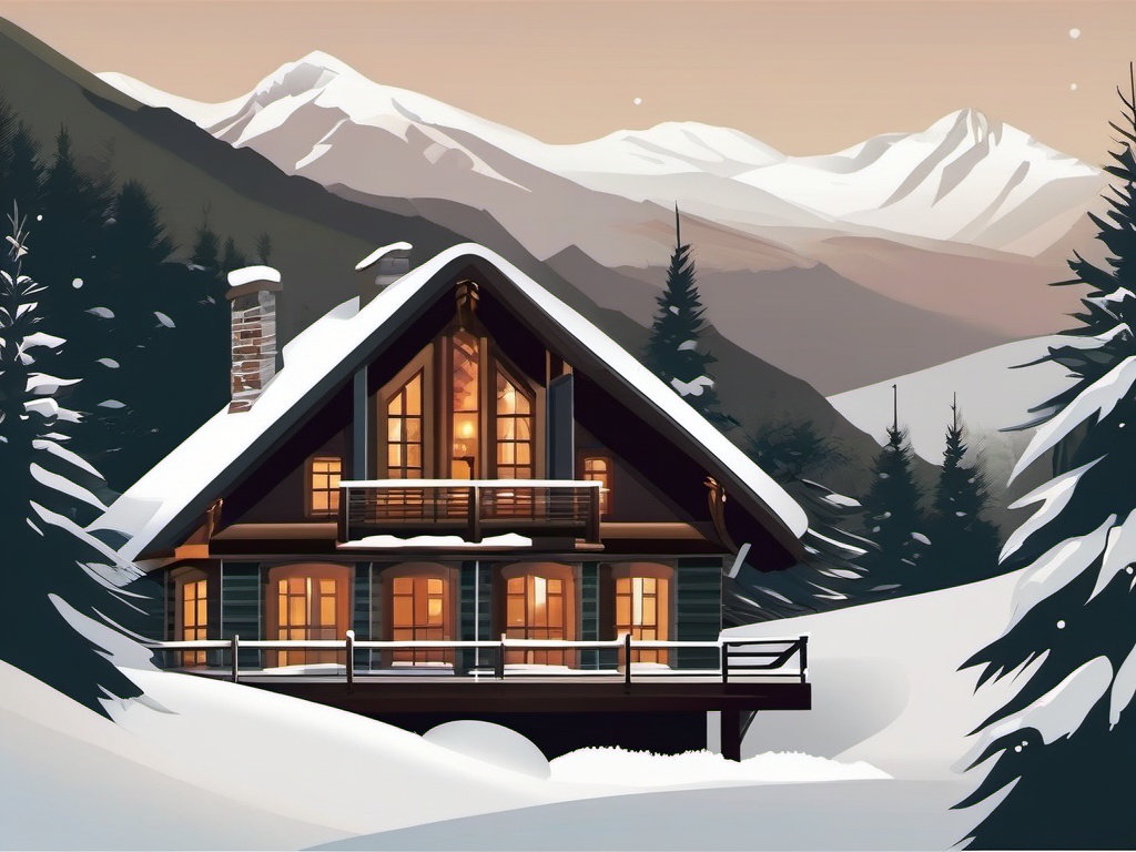 Winter Chalet clipart - Cozy chalet nestled in the mountains, ,vector color clipart,minimal