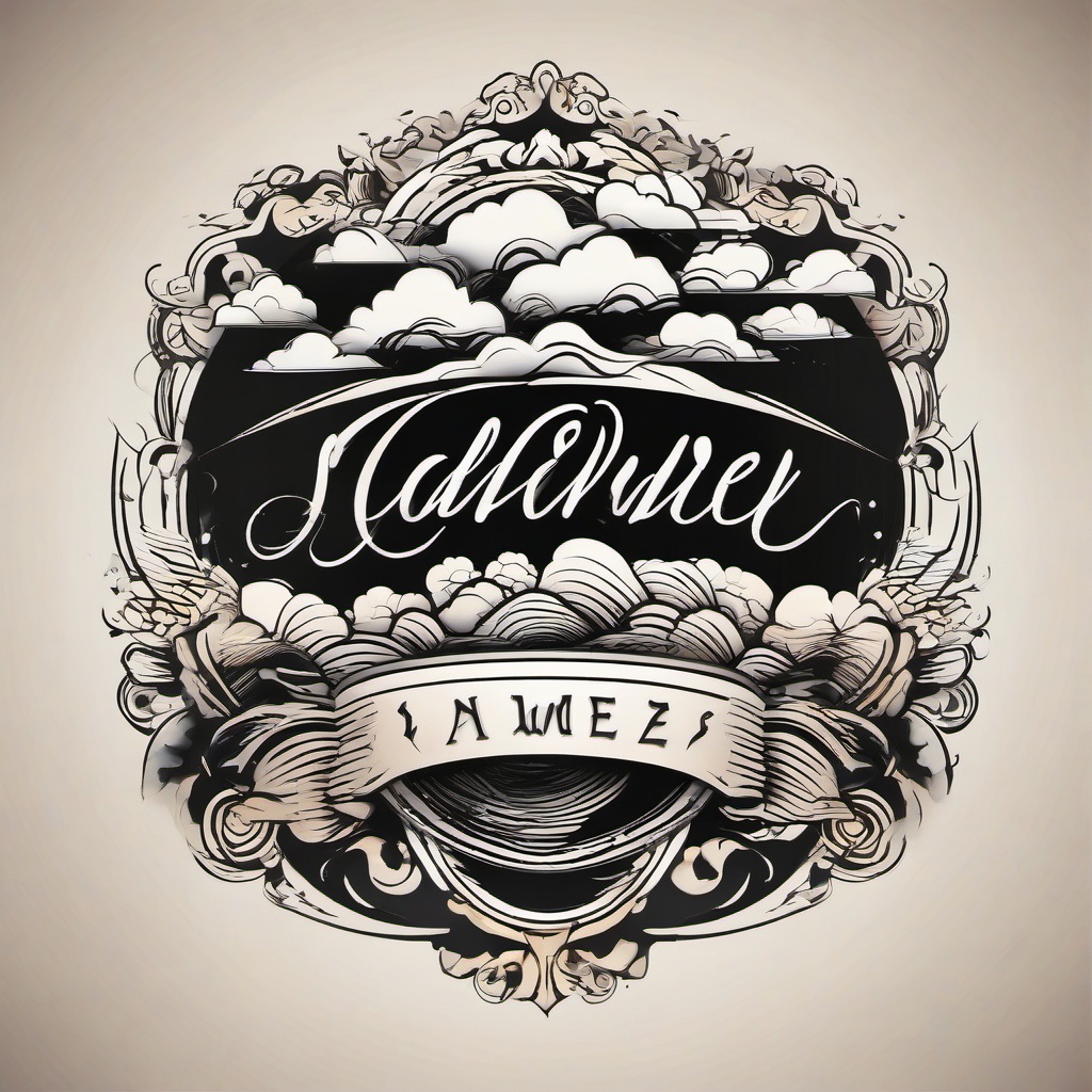Name Tattoo with Clouds-Bold and personalized tattoo featuring a name surrounded by clouds, capturing themes of identity and individuality.  simple color vector tattoo