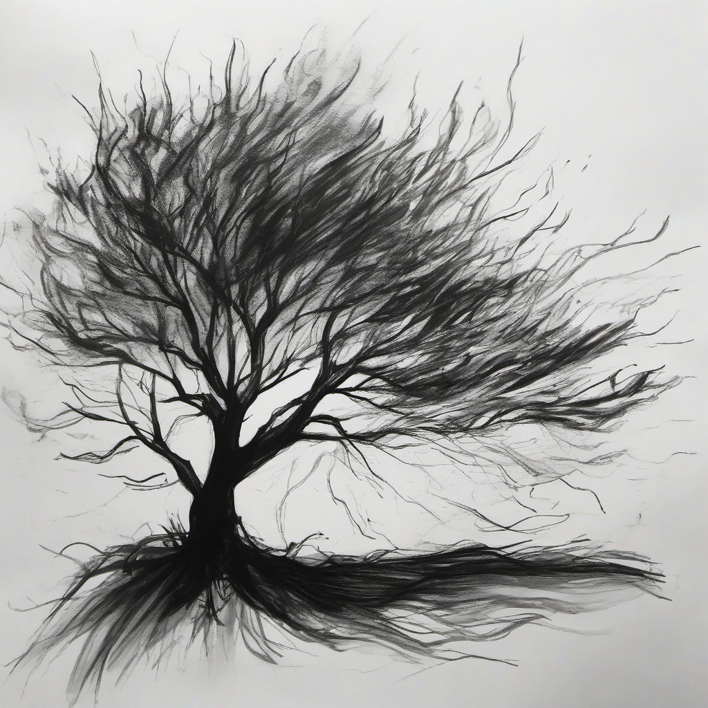 drawing of a burning tree  minimal rough sketch scribbles,doodles,black and white