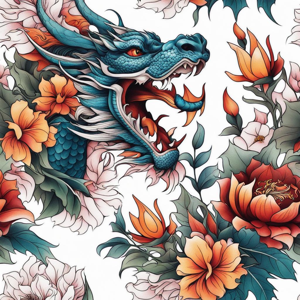 Dragon with flowers tattoo, Tattoos featuring the beauty of dragons alongside flowers.  color, tattoo style pattern, clean white background