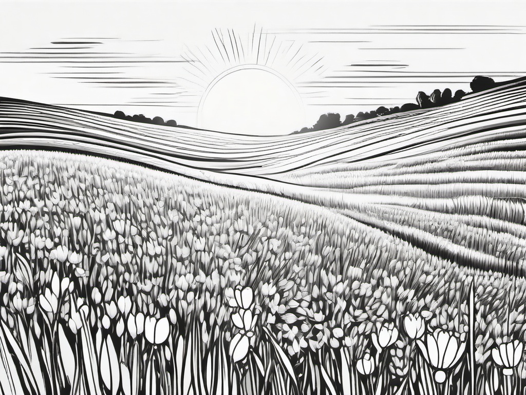 Sunlight clipart - illuminating a field of flowers  minimal rough sketch scribbles,doodles,black and white