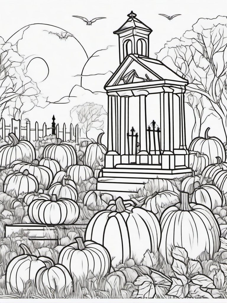 Pumpkin in a Haunted Graveyard Coloring Pages - Eerie Graveyard Scene with Pumpkins  minimal black outline printable sheet, coloring page