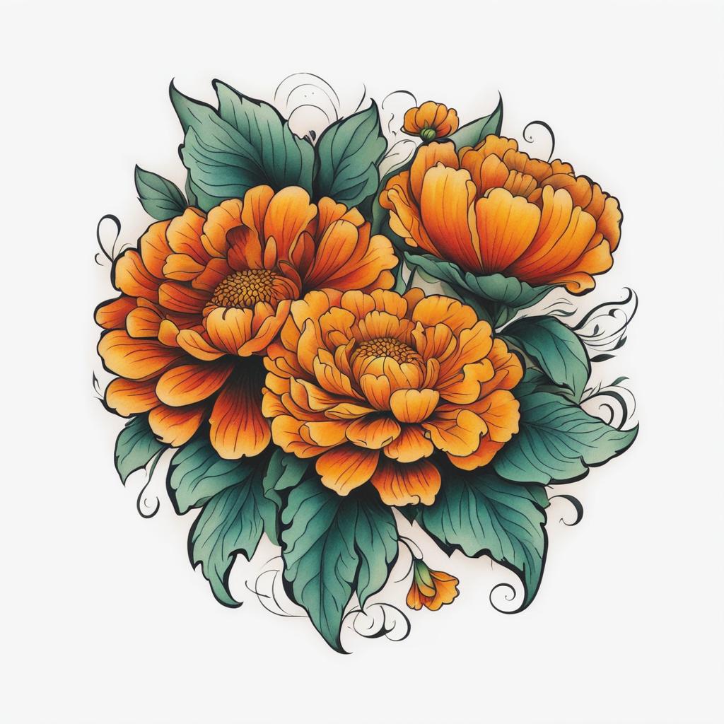 Marigold tattoo, Tattoos inspired by the cheerful and colorful marigold flower. colors, tattoo patterns, clean white background