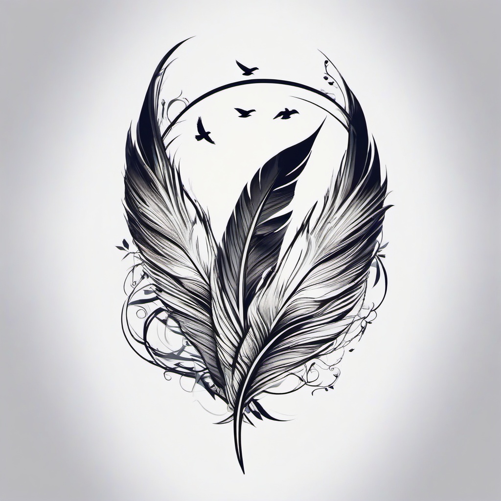 Feather with Doves Tattoo-Elegant and symbolic tattoo featuring a feather surrounded by doves, capturing themes of freedom and peace.  simple color tattoo,white background