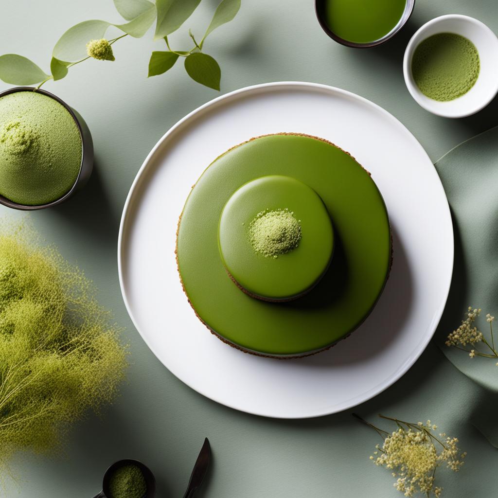 matcha green tea cake with matcha ganache, enjoyed at a serene japanese garden. 